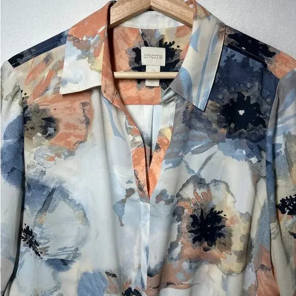 Chico’s Watercolor Floral Front Knot Long Sleeves Top Sz 2 / L Casual Colorful - Picture 2 of 10